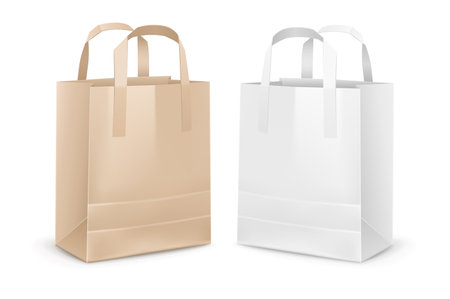 Kraft and matte Paper shopping bags Mockup isolated realistic packaging for supermarket or grocery store. Design on white transparent background. With paper handles. Vector illustrationのイラスト素材