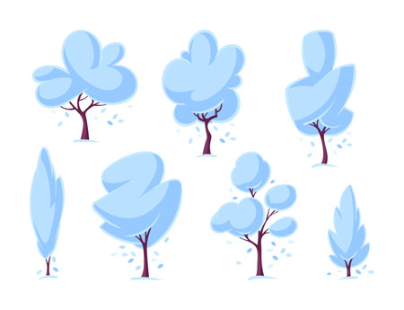 Blue snowy winter trees set. Collection of cartoon forest Trees and Bushes. Fall nature details, abstract plants with green leaves. Vector illustrationのイラスト素材