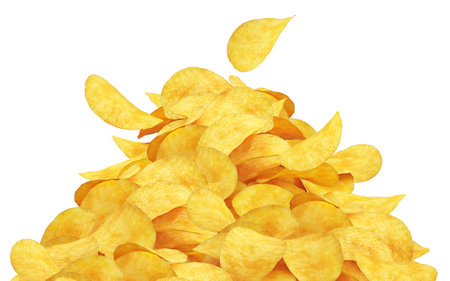 Potato chips falling down. Snack food refreshment. Chips isolated. 3D illustrationの写真素材
