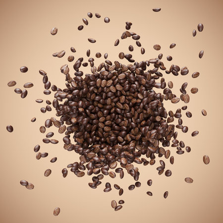 Fresh Coffee. Fresh-roast coffee beans of arabica flying and splattering. Bracing good morning drink beverage concept, on dark background. 3D illustrationの写真素材