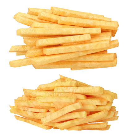 Set of French Fries Isolated. Roasted potato chips in deep fat fry oil potatoes. Yellow sticks. Fastfood. Unhealthy tasty food isolated on white background. 3D illustrationの写真素材