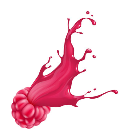 Raspberry fruit with juice splash of raspberry smoothie or beverage. Sweet drink cocktail flow with fresh raspberries flavour isolated on white background. Realistic. Vector illustrationのイラスト素材