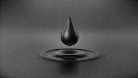 Dripping drop of black oil liquid on dark fluid background with ripple waves. Fuel Icon. Black Gold. Realistic. Vector illustrationのイラスト素材