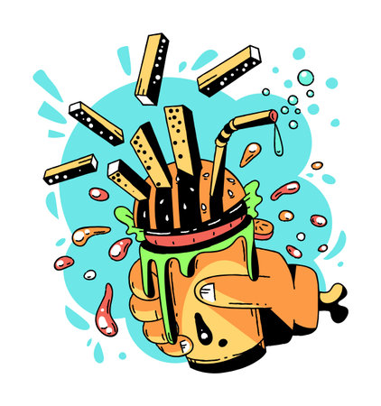 Fast food abstract concept. Human hand fragment on a bone holding cola cup burger it french fries potatos and sauce drops. Graphic design. Funny cartoon style idea. Isolated. Vector illustration.のイラスト素材