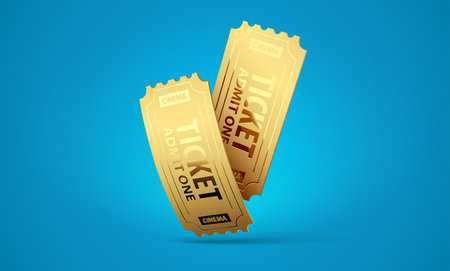 Two Gold cinema tickets for retro movie theater on blue background. Cinematography icon banner or advertising with place text. Vector illustration.のイラスト素材