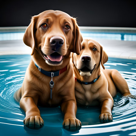 Two labrador retriever puppies in swimming pool. Studio shot.の素材