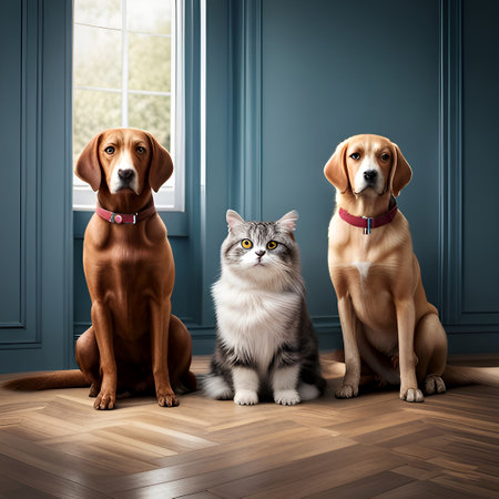 Three dogs sitting next to a cat in a room with green wallsの素材
