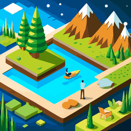 Isometric summer landscape with mountains, trees and lake.の写真素材