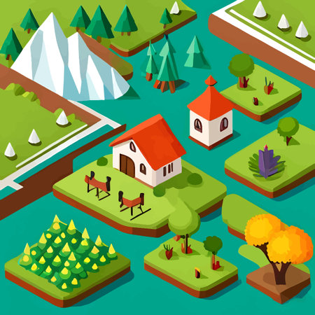 Isometric nature landscape with farm buildings and mountains. Vector illustration.の写真素材