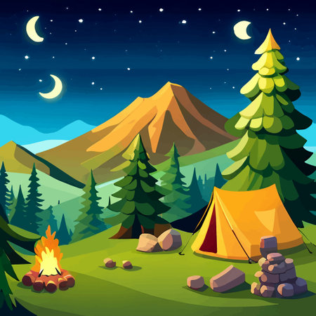 Camping in the mountains at night. Vector illustration of a beautiful nature landscape.の写真素材