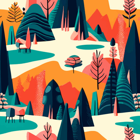 Seamless pattern with forest and mountains. Vector illustration in flat style