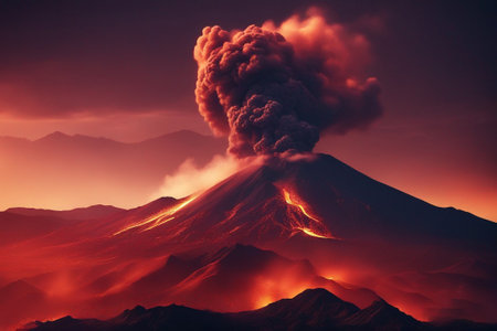 Volcanic eruption at sunset. 3D illustration of volcano eruptionの写真素材