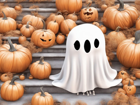 ghost and pumpkins on a wooden background. 3d illustration.
