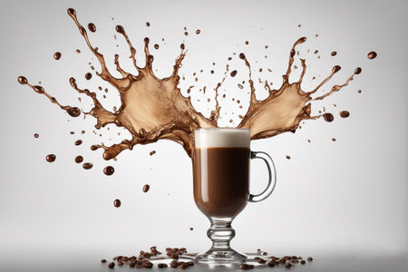 Coffee splash in a glass cup with coffee beans on white backgroundの写真素材