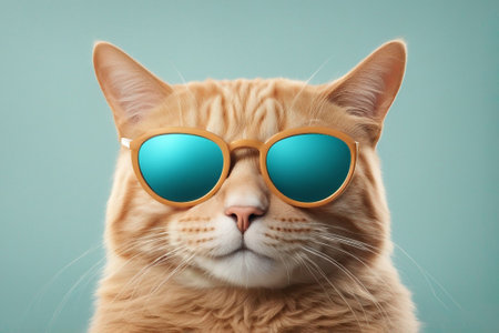 Cute cat wearing stylish sunglasses on color background. Fashionable animalの写真素材