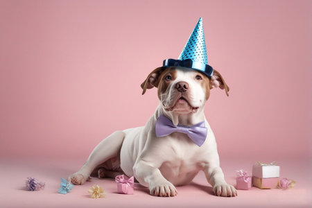 Cute dog in birthday hat and bow tie lying on pink backgroundの写真素材