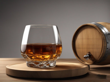 Glass of whiskey and barrel on the wooden table. Gray background.