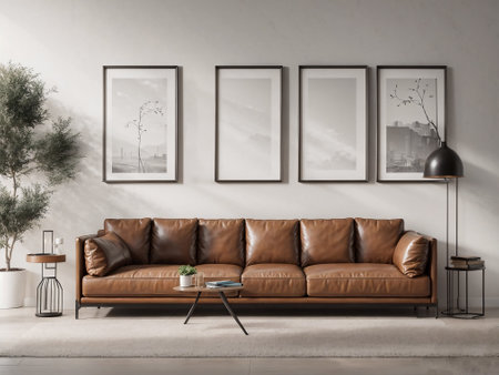 Modern living room interior with brown leather sofa and mock up posters. 3d render