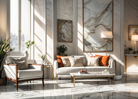 Luxury living room interior with marble walls, tiled floor and white sofa with orange pillows. 3d renderの写真素材