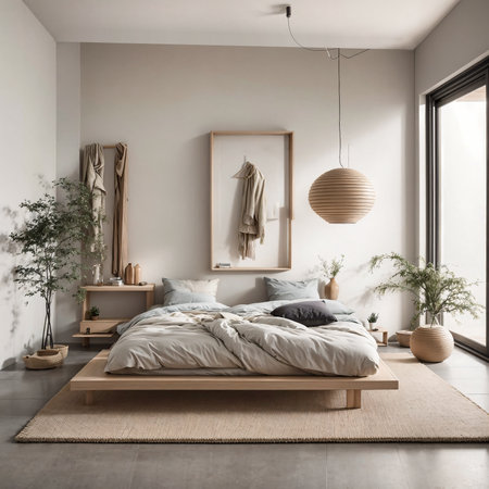 Interior of modern bedroom with beige walls, tiled floor, comfortable king size bed with pillows and wooden wardrobe. 3d renderの写真素材