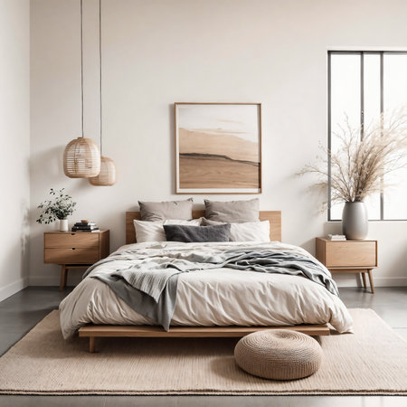 Interior of modern bedroom with white walls, concrete floor, comfortable king size bed and wooden bedside table. 3d renderの写真素材