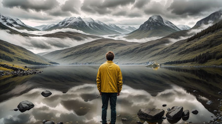 Man in yellow jacket standing on a lake and looking at the mountains