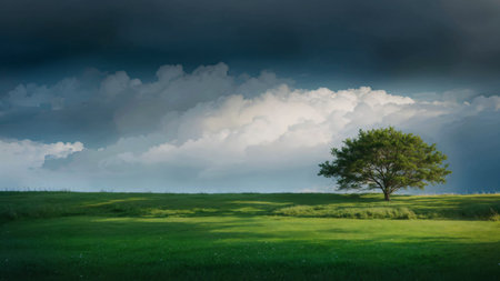 Lonely tree on green meadow with dark stormy skyの写真素材