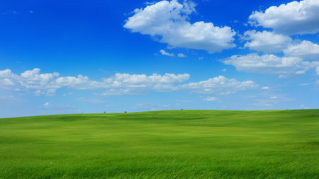 Green field and blue sky with white clouds. Nature landscape background.の写真素材