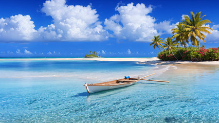 Tropical beach with palm trees and boat at Seychellesの写真素材