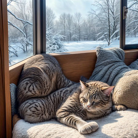 Cute bengal cat sleeping on the windowsill in winterの写真素材