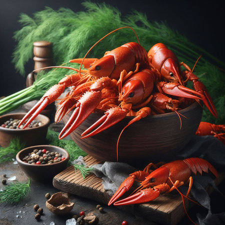 Boiled crayfishes in a wooden bowl on a dark backgroundの写真素材