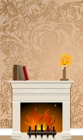 Fire place featuring wallpaper background made of flowersのイラスト素材