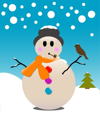 Illustration of a snowman making friends with a bird perched on his arm.のイラスト素材