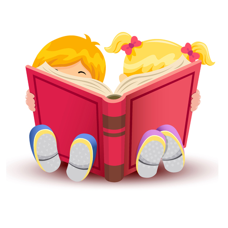 Little boy and girl reading book over white background.のイラスト素材