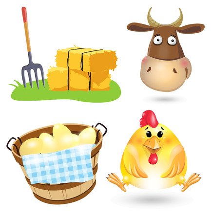 farm icons set - cow, chicken, eggs. Vector illustration isolated on white background.のイラスト素材