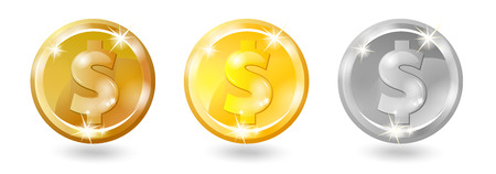 Gold, silver, bronze coin with dollar sign. Vector illustration isolated on white backgroundのイラスト素材