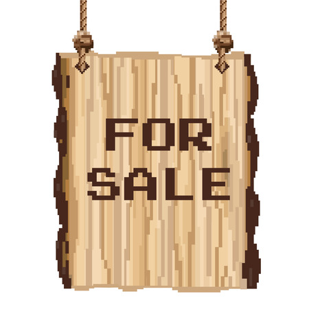 Wood sign FOR SALE. Vector pixel art on white backgroundのイラスト素材