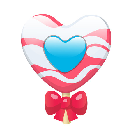 Lovely cute cartoon candy lollipop heart with red bow. Vector illustration, clip-art, isolated on white backgroundのイラスト素材