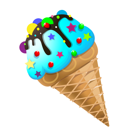 Ice cream cone with chocolate and decor. Vector illustration, isolated on white backgroundのイラスト素材