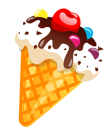 Ice cream cone with chocolate and cherry. Vector illustration, isolated on white backgroundのイラスト素材