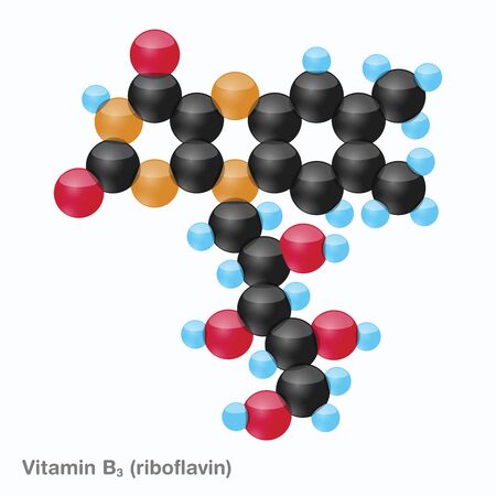 The molecule of vitamin B2 (riboflavin). Vector illustration in 3d style, isolated on white background.のイラスト素材