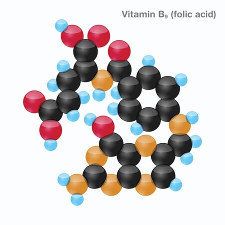 The molecule of vitamin B9 (folic acid). Vector illustration in 3d style, isolated on white background.のイラスト素材