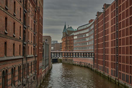 Docks in Hamburg, Germany. Speicherstadt in Hamburg, Germany. Channel and brick buildings in Hamburg, Germany.の写真素材