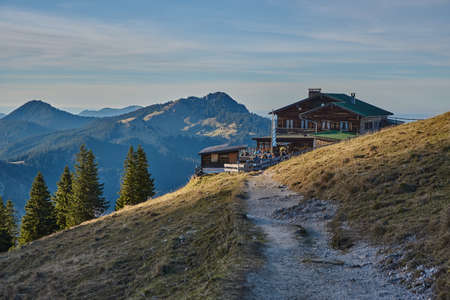Mountain hut during sunset. Mountain. Mountain hut in the sunset at the Hirschberg, Bavaria, Germany.のeditorial素材
