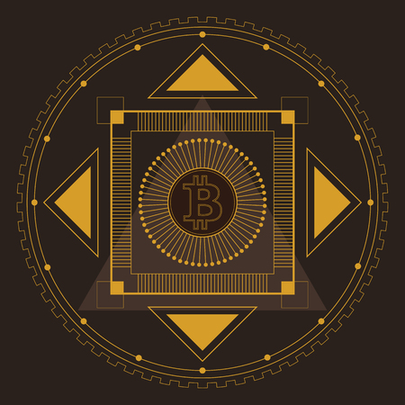 Symmetrical pattern in line-art style with a bitcoin symbol in the center, gold and dark-brown paletteのイラスト素材