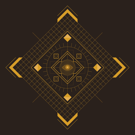 Symmetrical pattern in line-art style with the eye in the center, gold and dark-brown paletteのイラスト素材
