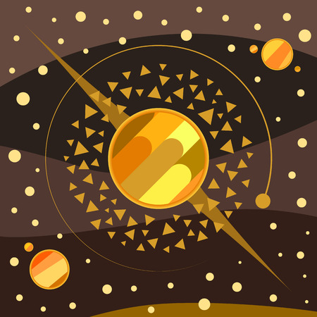 Abstract planets, asteroids, stars and space vector art illustration, brown-gold paletteのイラスト素材