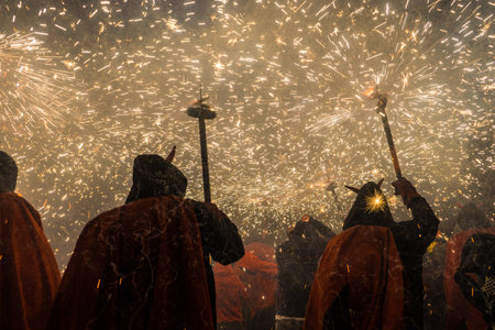 Barcelona,Spain Aug21: Fireworks in Gracia, Barcelona's district, during the traditional fire run.のeditorial素材