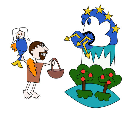 twelfth labor of Hercules, apples of hesperides in style of primitivism, minimalism, children's drawing for T shirt, cap, bed linen, backpack, pillow, toys, wallpaperのイラスト素材