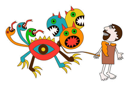 eleventh labor of Hercules, capture Cerberus in style of primitivism, minimalism, children's drawing...